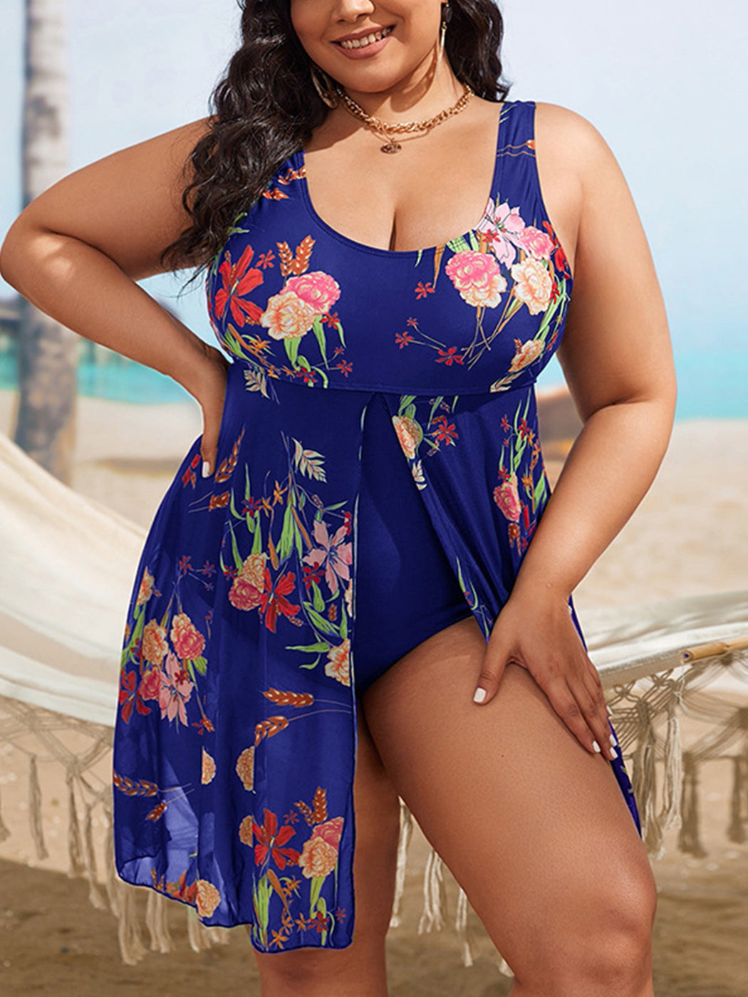Plus Size Floral Print Skirt Style Open Back One-Piece Swimsuit for Women