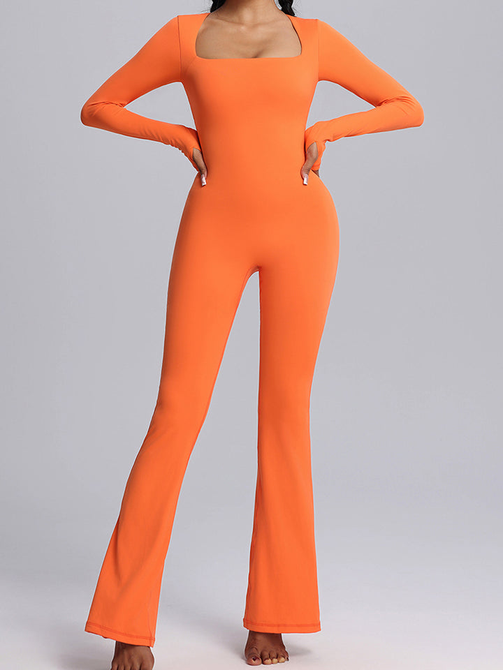 Seamless Full-Body Long-Sleeve Yoga One-Pieces with Square Neckline