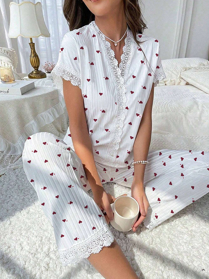 Women's Cherry Print Embroidered Trim Short Sleeve Long Pants Loungewear Set