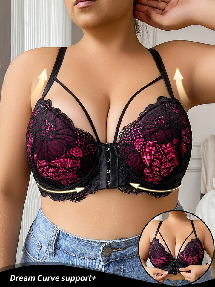 Minimizer Bra for Large Bust - Front Closure Push-Up Lace Bra with Full Coverage