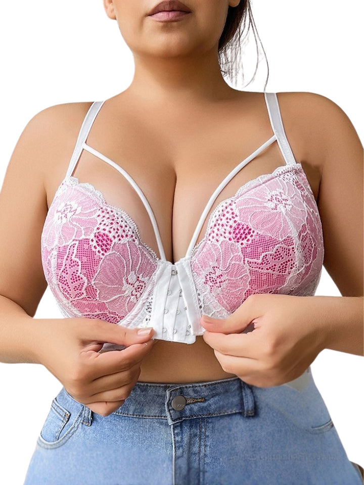 Minimizer Bra for Large Bust - Front Closure Push-Up Lace Bra with Full Coverage