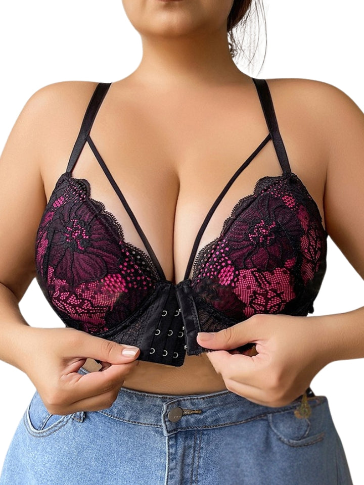 Minimizer Bra for Large Bust - Front Closure Push-Up Lace Bra with Full Coverage