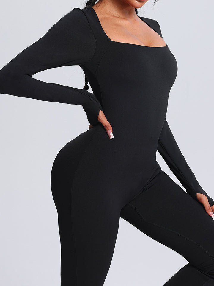 Seamless Full-Body Long-Sleeve Yoga One-Pieces with Square Neckline