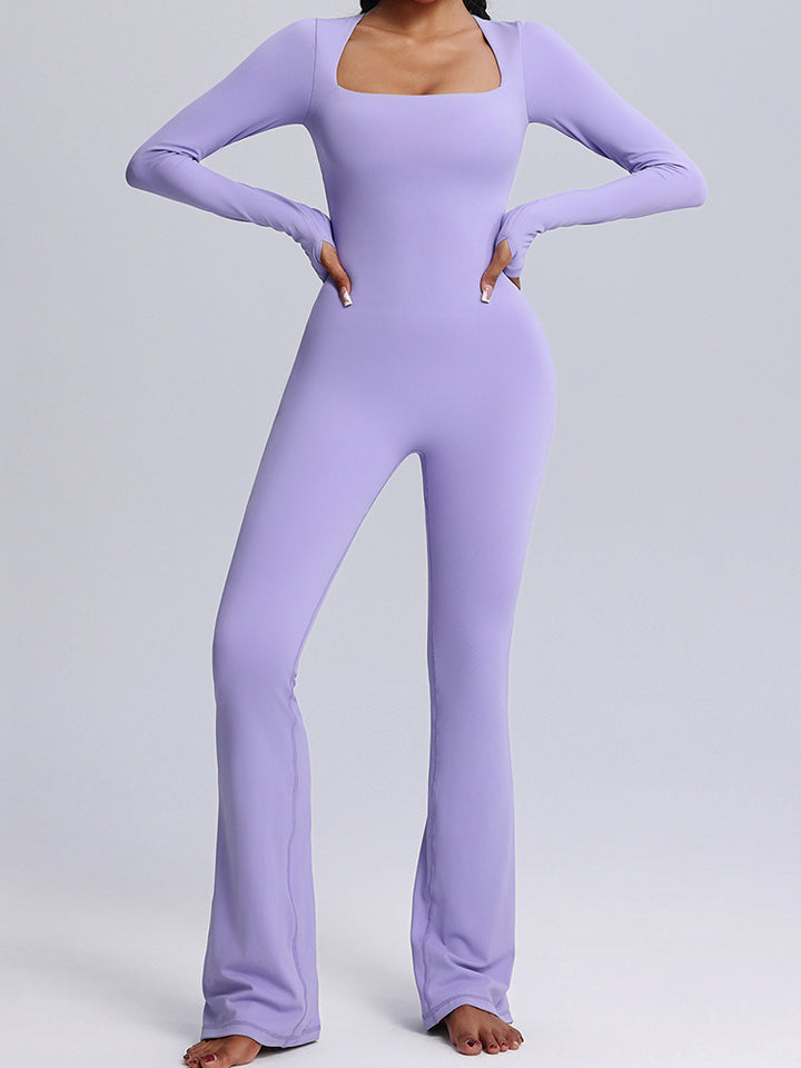 Seamless Full-Body Long-Sleeve Yoga One-Pieces with Square Neckline