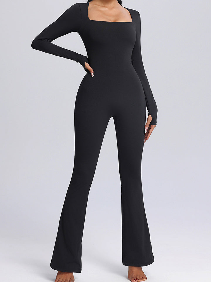 Seamless Full-Body Long-Sleeve Yoga One-Pieces with Square Neckline