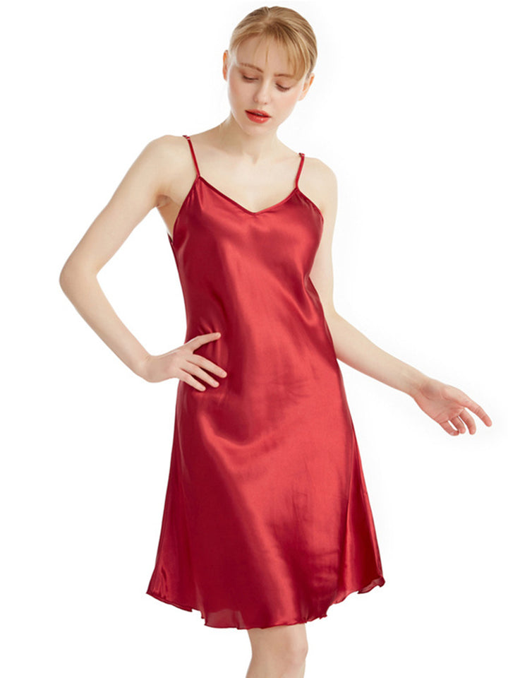 V Neck Knee Length Thin Sling Satin Nightdress