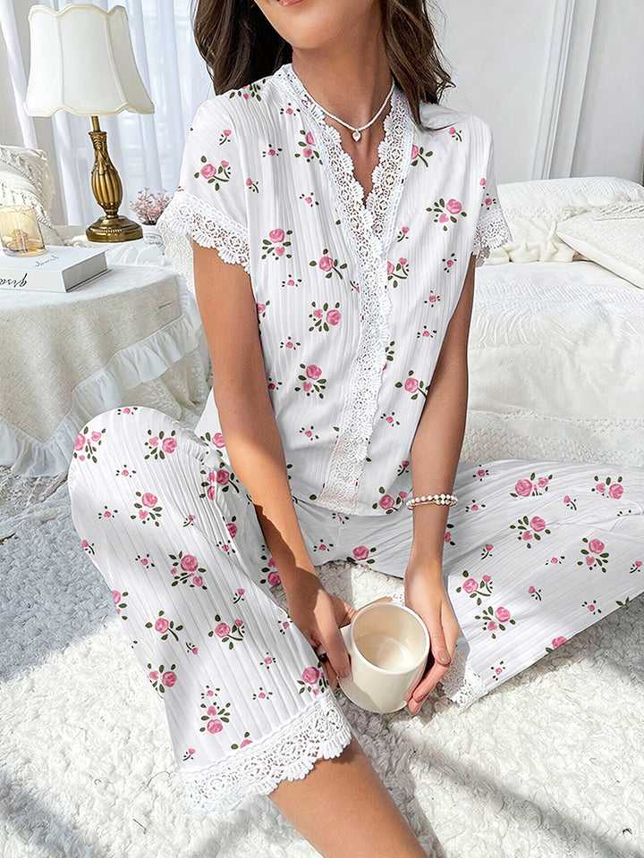Women's Cherry Print Embroidered Trim Short Sleeve Long Pants Loungewear Set