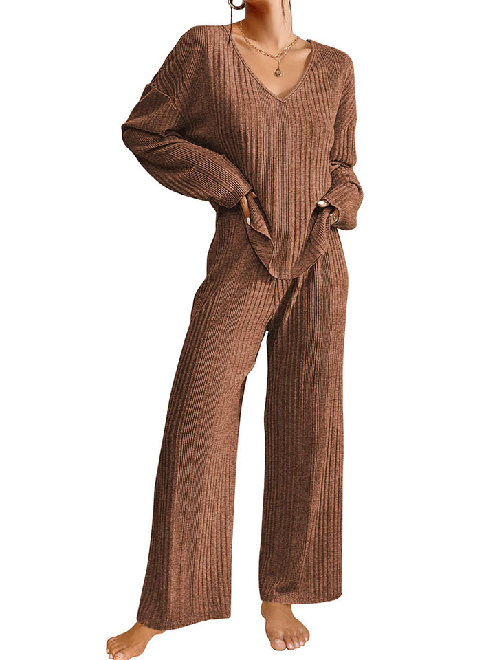 Ribbed Knit Lounge Set with V-Neck for Women