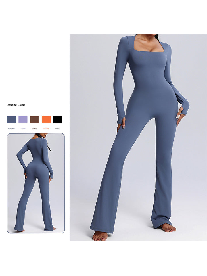 Seamless Full-Body Long-Sleeve Yoga One-Pieces with Square Neckline