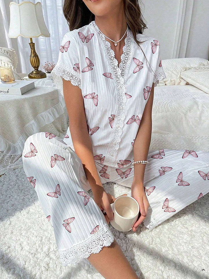 Women's Cherry Print Embroidered Trim Short Sleeve Long Pants Loungewear Set