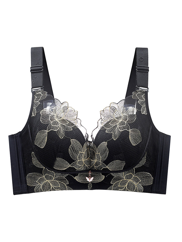 Lace Embroidery Flowers Unpadded Side Support Wireless Bra