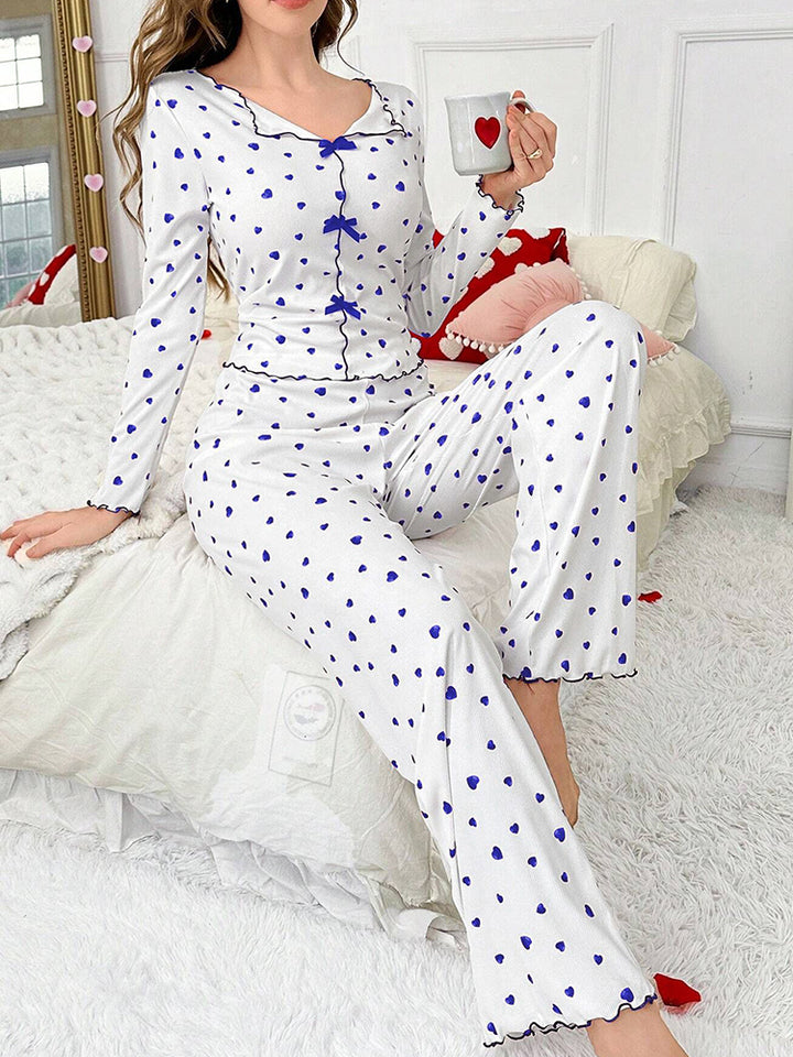 Women's 2-Piece Pajama Set - Heart Print Lounge Wear Long Sleeve Top & Pants