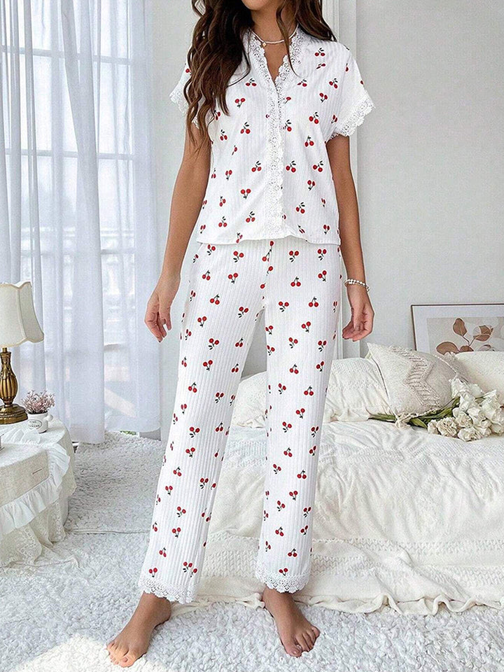 Women's Cherry Print Embroidered Trim Short Sleeve Long Pants Loungewear Set