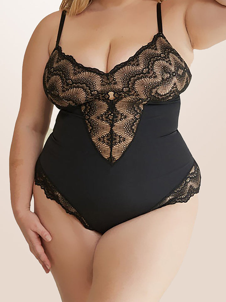 Lace V-Neck Tummy Control Shapewear Thong Bodysuit Shapewear