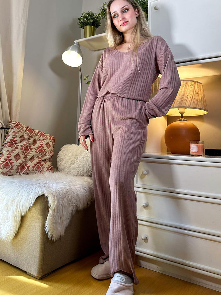 Ribbed Knit Lounge Set with V-Neck for Women
