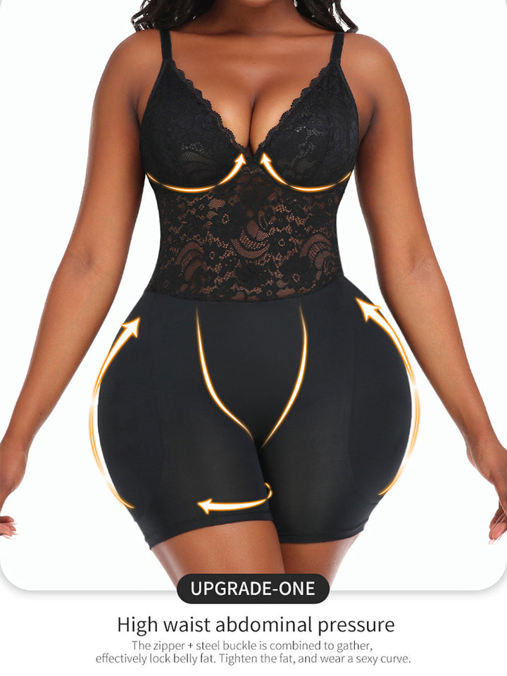 Women's Lace V Neck Corset Hip Enhancer Shapewear Bodysuit