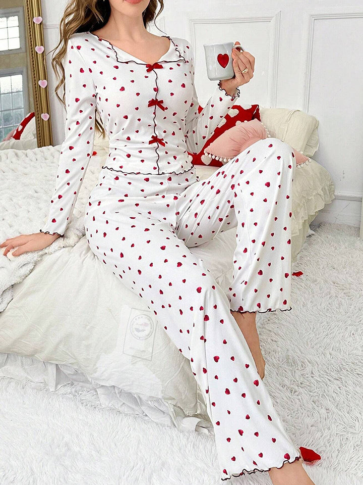 Women's 2-Piece Pajama Set - Heart Print Lounge Wear Long Sleeve Top & Pants
