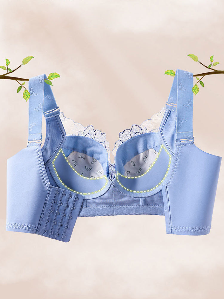 Lace Embroidery Flowers Unpadded Side Support Wireless Bra