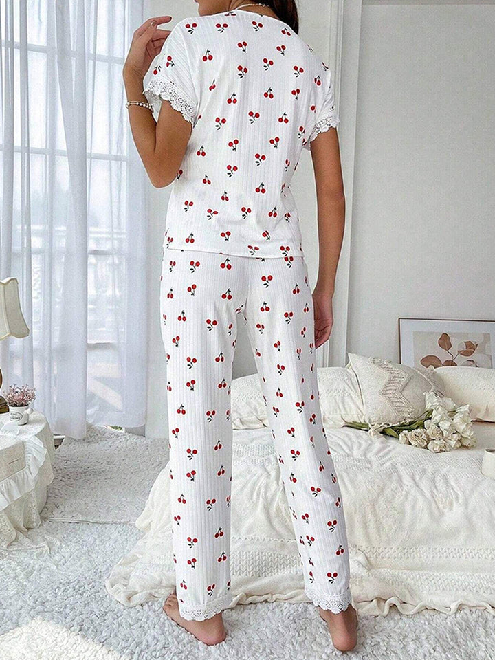 Women's Cherry Print Embroidered Trim Short Sleeve Long Pants Loungewear Set