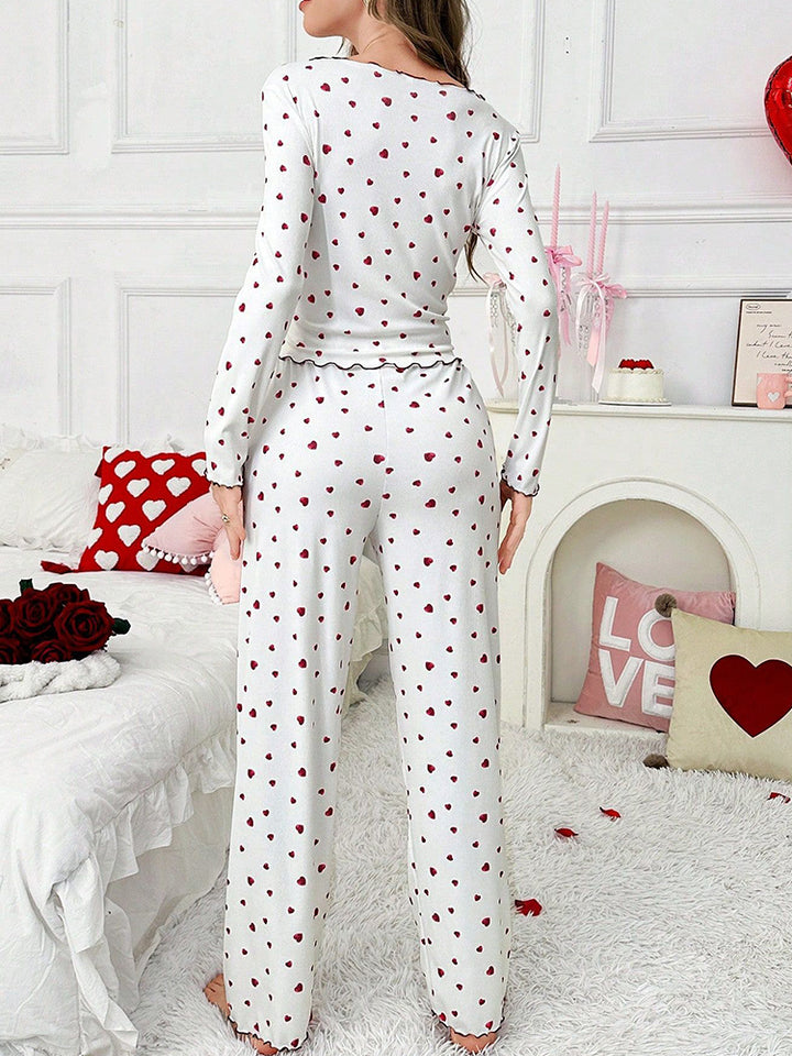 Women's 2-Piece Pajama Set - Heart Print Lounge Wear Long Sleeve Top & Pants