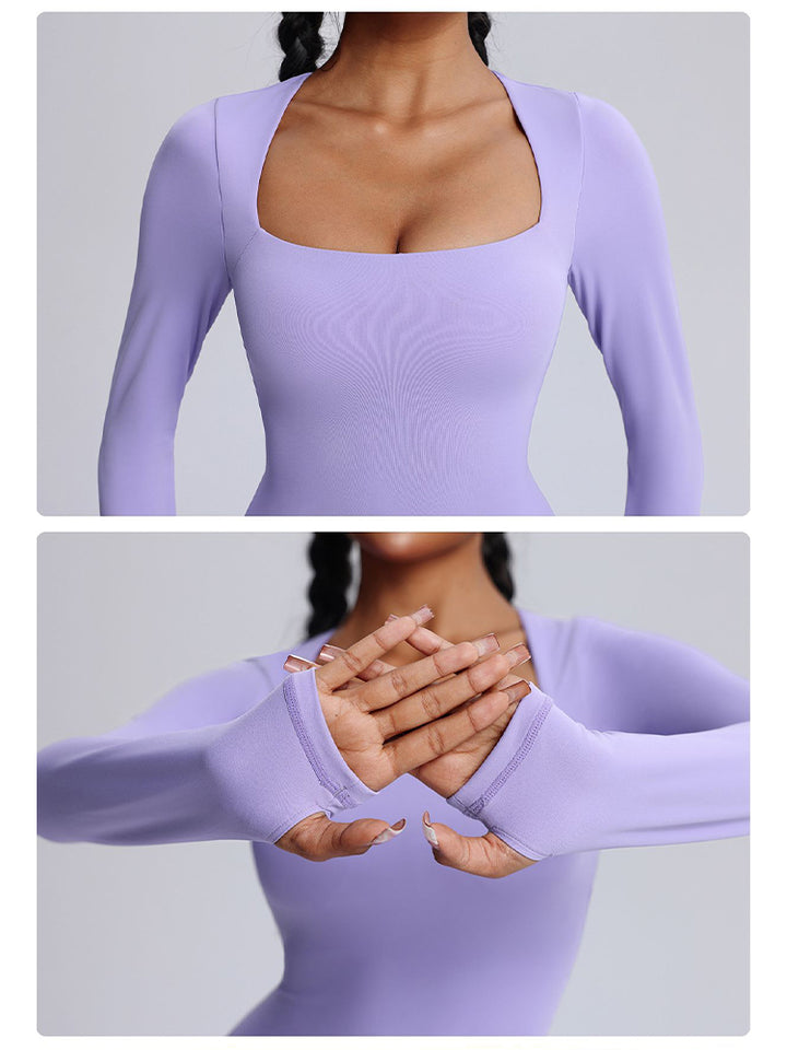 Seamless Full-Body Long-Sleeve Yoga One-Pieces with Square Neckline