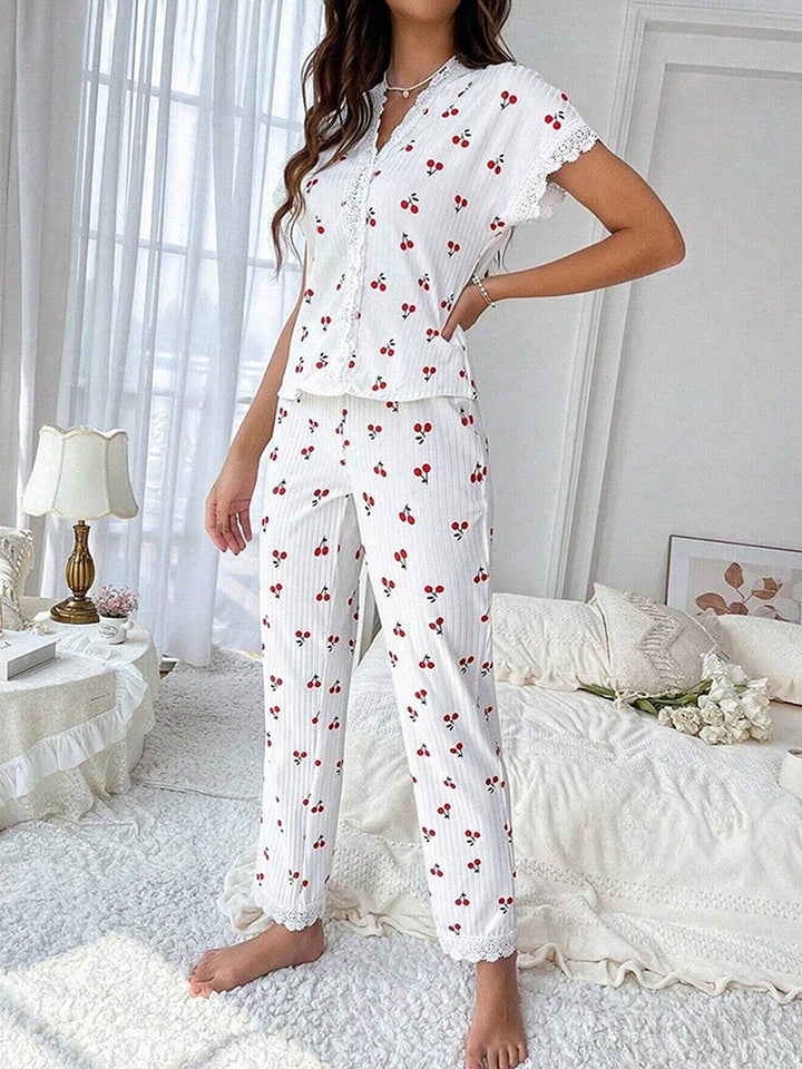 Women's Cherry Print Embroidered Trim Short Sleeve Long Pants Loungewear Set
