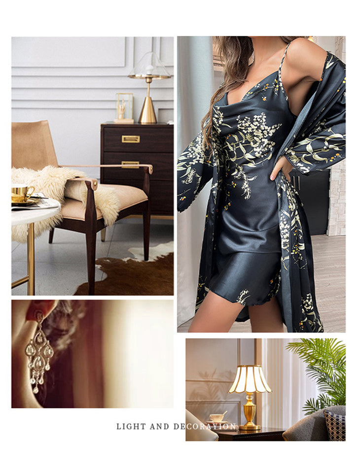 Women's 2 Piece Sexy Exquisite Satin Suspender Nightgown with Robe