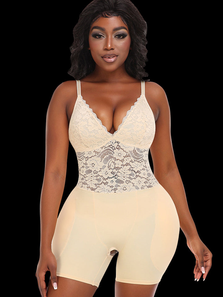 Women's Lace V Neck Corset Hip Enhancer Shapewear Bodysuit