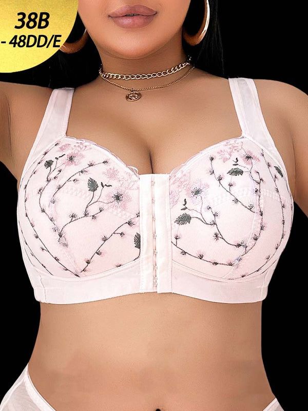 Plus-Size Floral Embroidered Front-Closure Wireless Bra – Lightweight