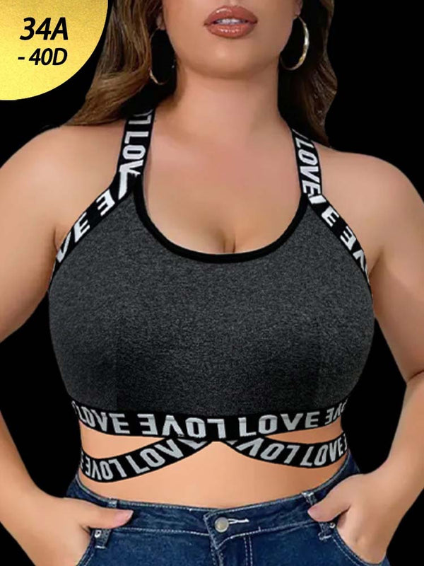 Plus-Size Cross-Strap Lettered Wireless Bra – Stretch Fit & Minimizing Design