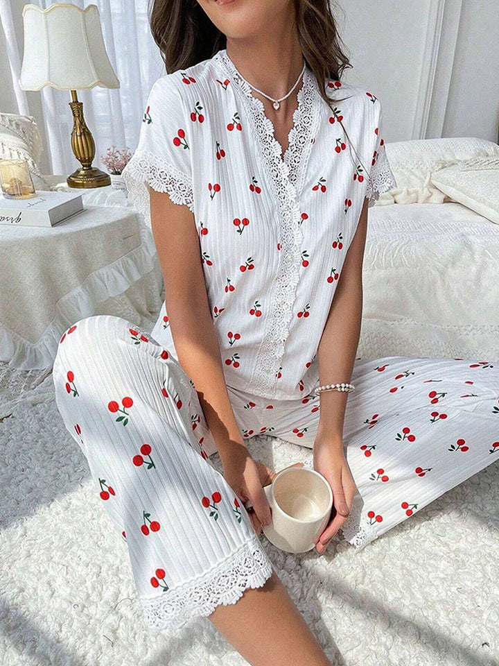 Women's Cherry Print Embroidered Trim Short Sleeve Long Pants Loungewear Set