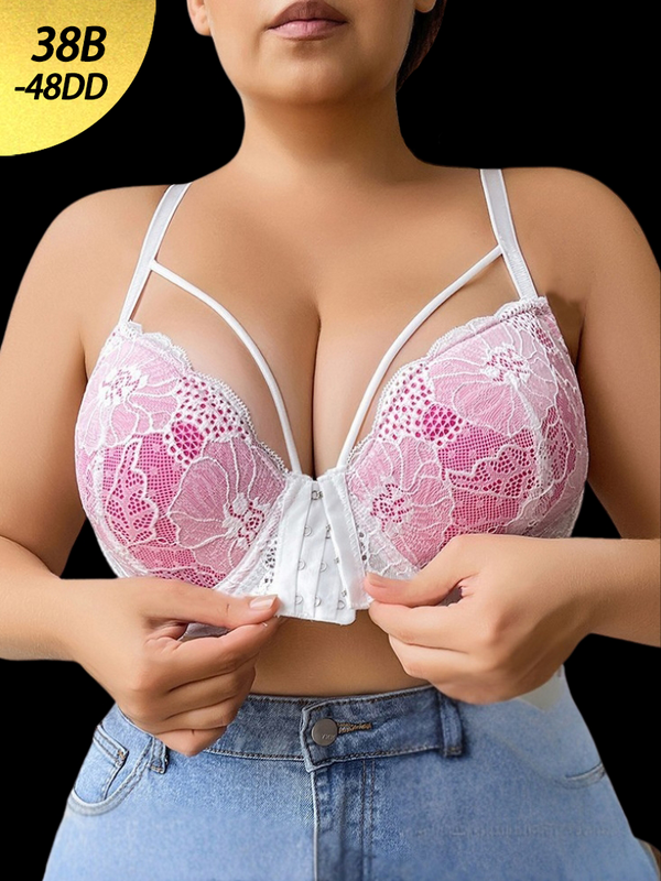 Minimizer Bra for Large Bust - Front Closure Push-Up Lace Bra with Full Coverage