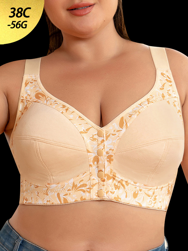 Plus Size Wireless Bra Front Closure Floral Print Full Figure Support