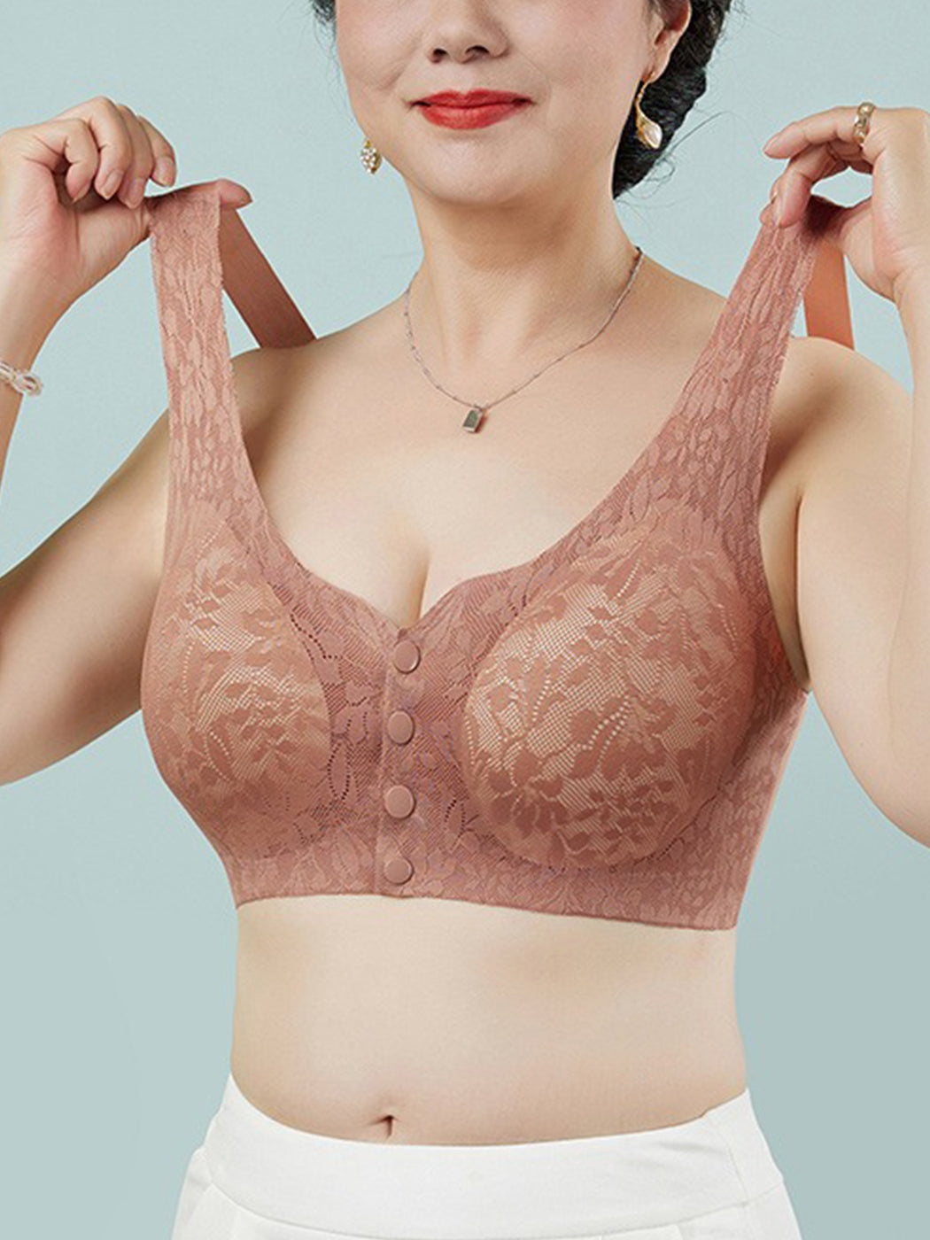 Lace Solid Color Breathable Front Closure Wireless Bra