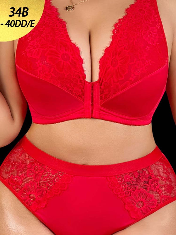 Plus-Size Lace Front-Closure Underwear Set – Alluring Sheer Bra