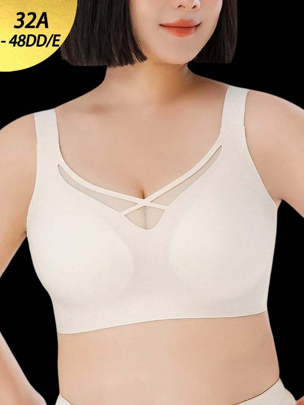 Plus-Size Mesh-Panel Seamless Wireless Bra - Minimizing & Light Shaping