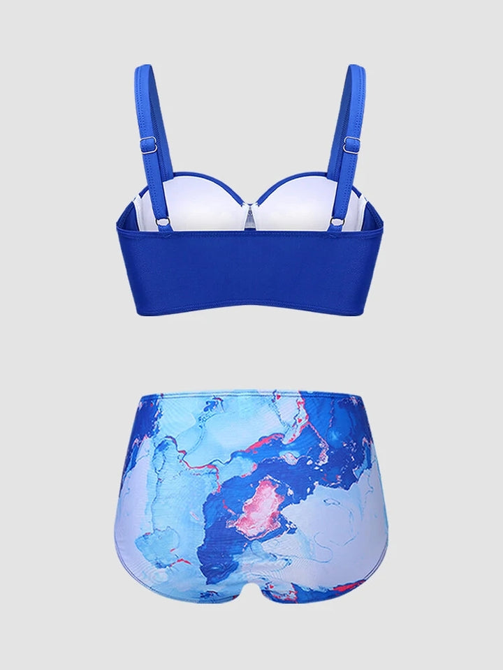 Women Marble Print Ruched Underwire Backless Quick Dry Bikinis