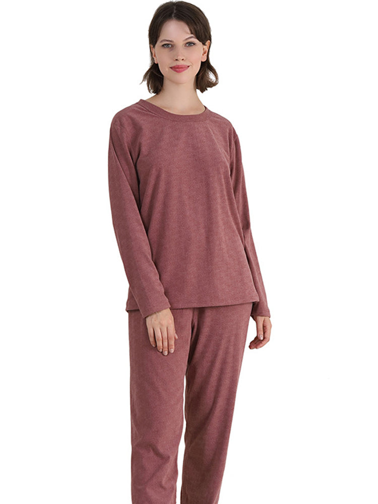 Women Solid Fleece Lined Long Sleeve Plus Size Pajama Sets