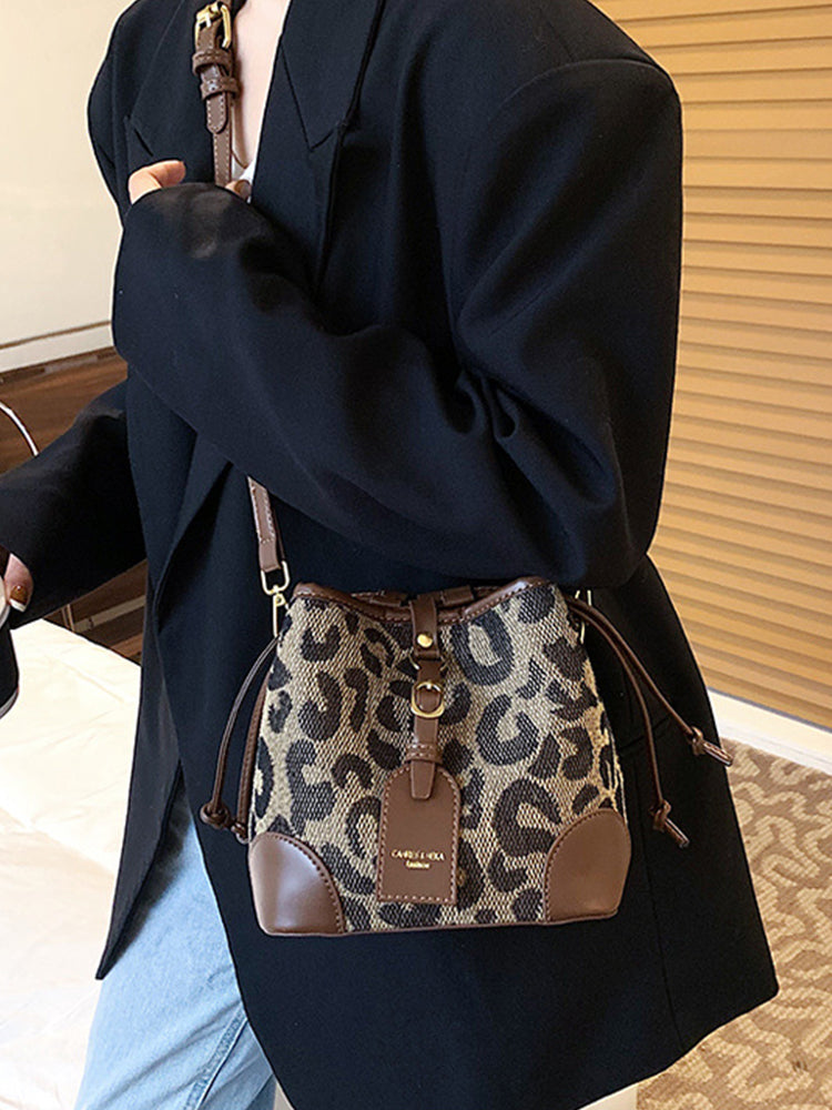 Women's Leopard Print Drawstring Bucket Bag PU Crossbody Bag