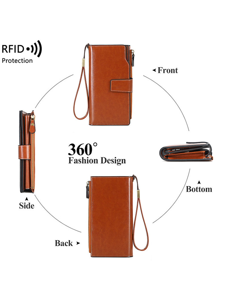 Vintage PU Leather RFID Anti Theft Oil Wax 6.3 Inch Phone Long Wallet Purse