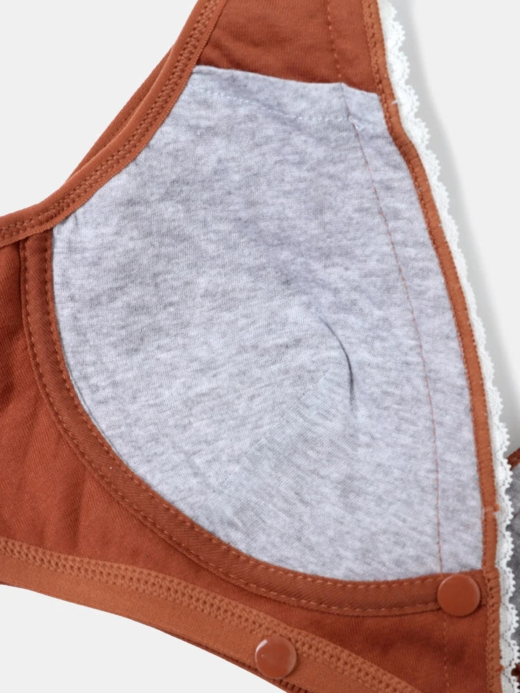 V-Neck Front Button Closure Cotton Wireless Bra