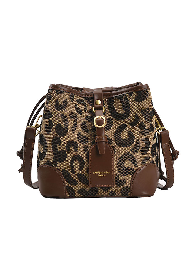 Women's Leopard Print Drawstring Bucket Bag PU Crossbody Bag