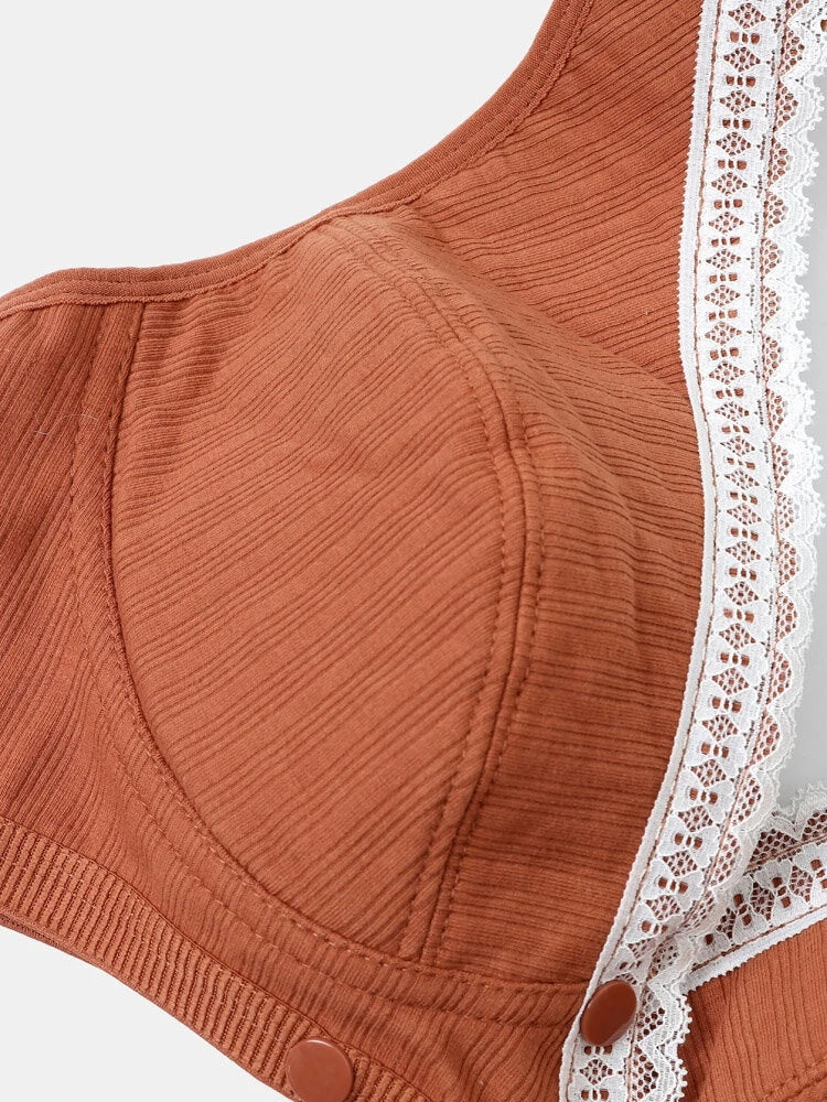 V-Neck Front Button Closure Cotton Wireless Bra