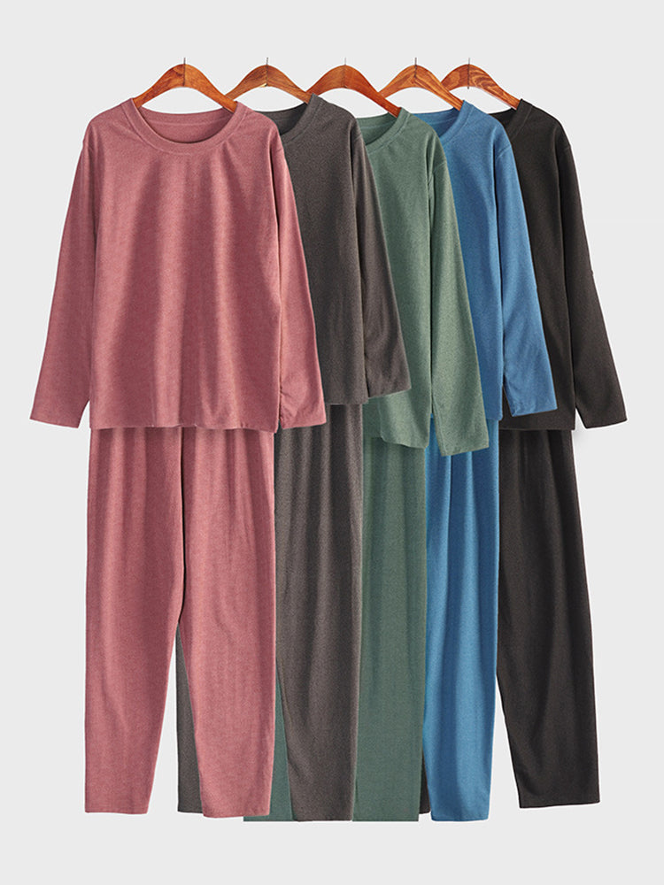 Women Solid Fleece Lined Long Sleeve Plus Size Pajama Sets