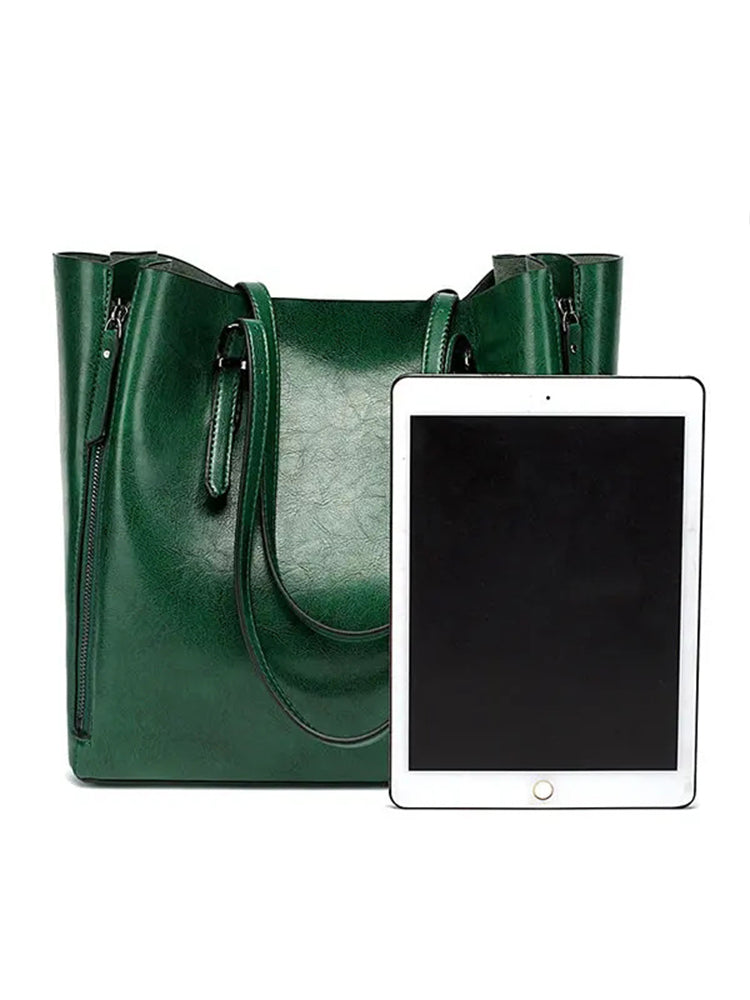Solid Large Capacity Leisure Handbag Faux Leather Shoulder Tote Bag