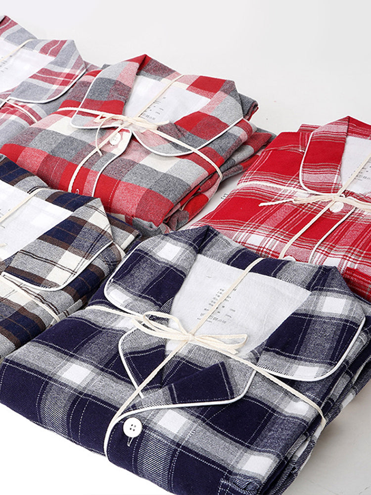 Cotton Plaid Pajamas Set Long Sleeve Sleepwear for Men&Women