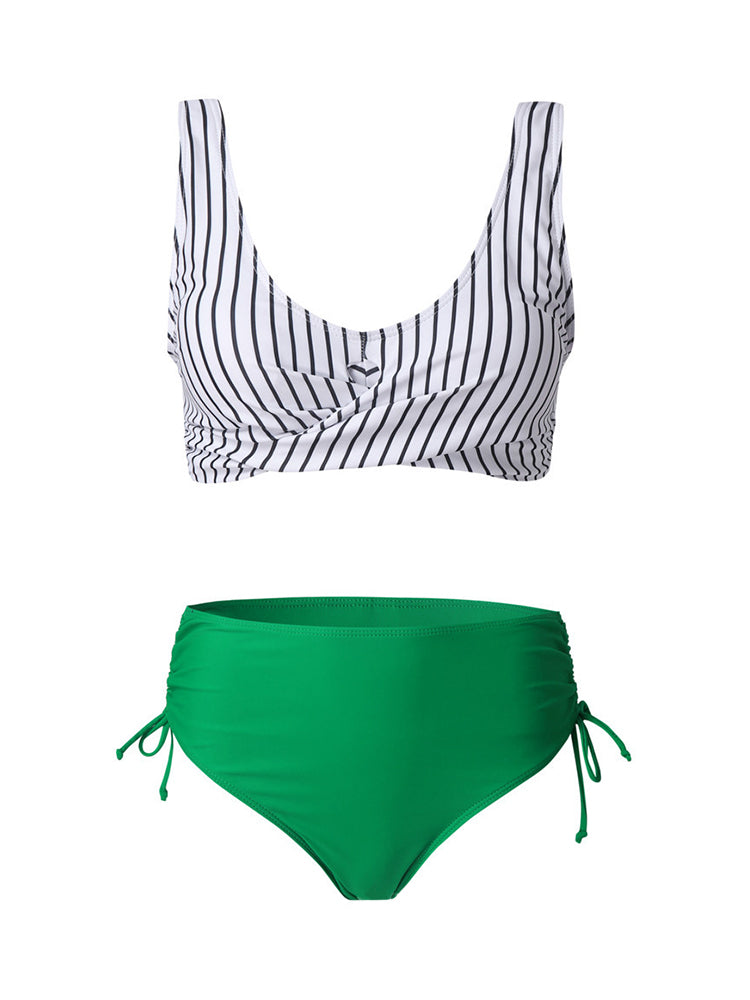 Women's Striped Fold Crop Ruched Side Bikinis Swimsuit