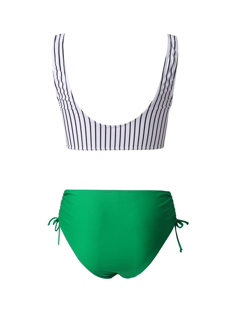 Women's Striped Fold Crop Ruched Side Bikinis Swimsuit