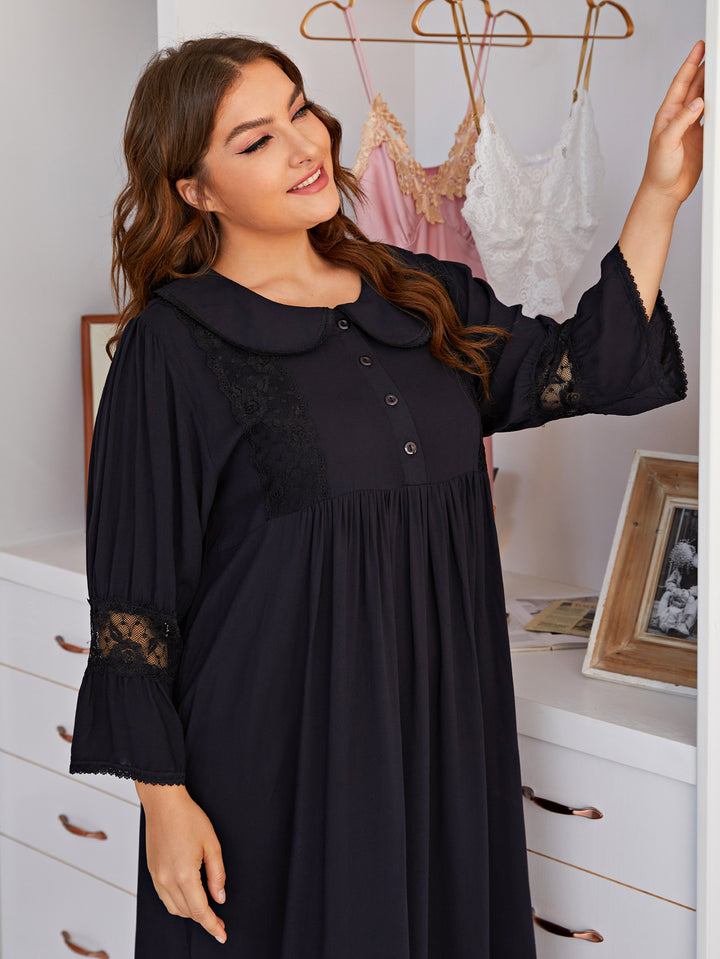 Women Plus Size Lace Long Sleeve Sleepwear Midi Dress