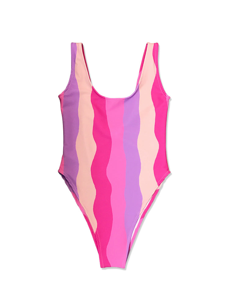 Cute Color Patchwork Print Open Back One Piece Swimsuit